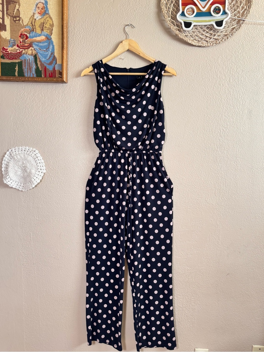 Cowl Neck Navy Tan Polka Dot Sleeveless Drawstring Jumpsuit